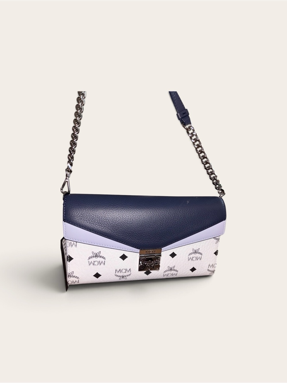 New MCM Medium Visetos Crossbody Clutch White & Mood Indigo Leather with Tags